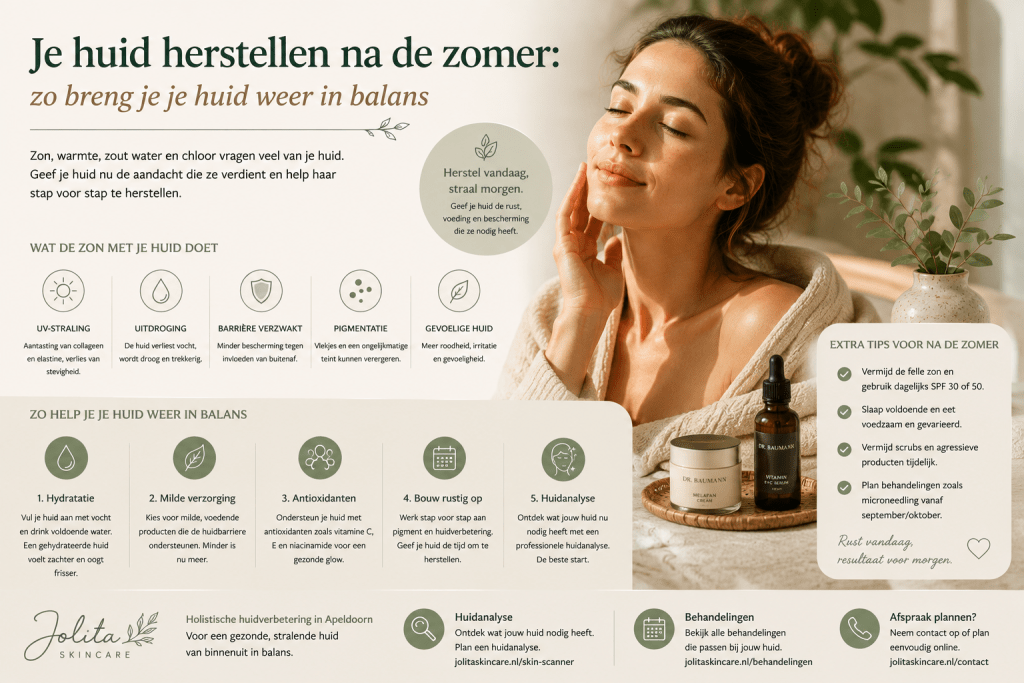 Infographic: je huid herstellen na de zomer met hydratatie, milde verzorging en een huidanalyse
